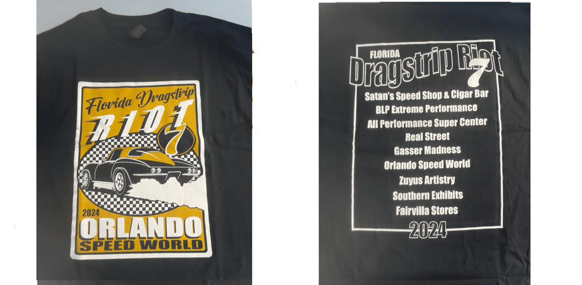 Florida Dragstrip Riot 2024 T-Shirt, Bo Law Corvette, Black