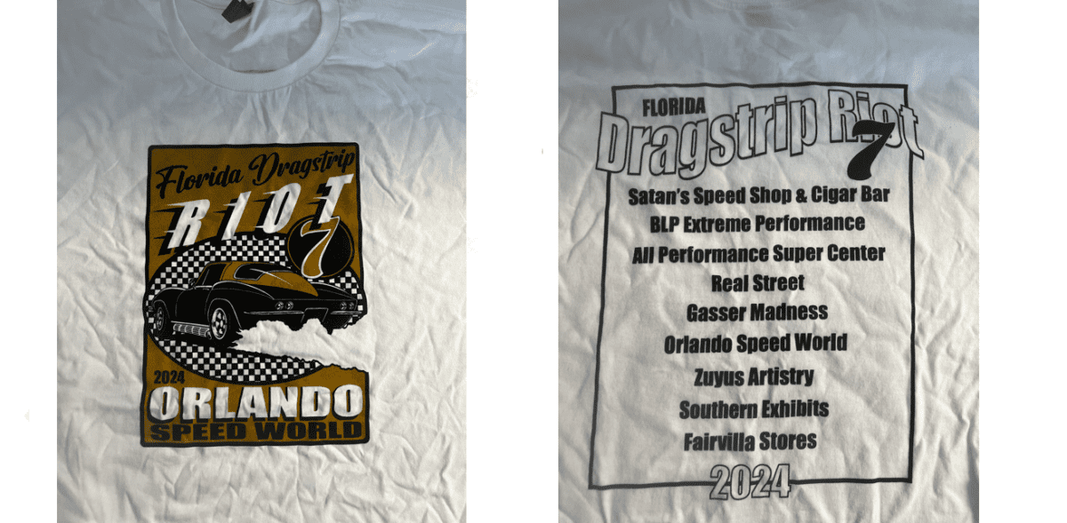 Florida Dragstrip Riot 2024 T-Shirt, Bo Law Corvette, White